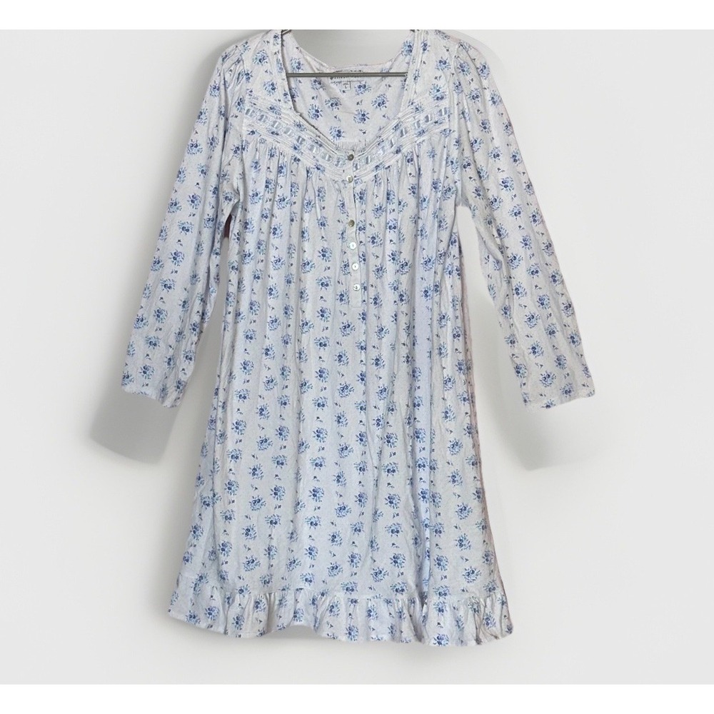 Eileen West Floral Nightgown Womens L White Blue Prairie Cottagecore Midi Lounge